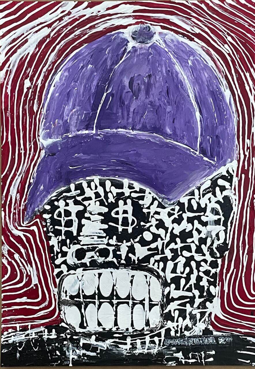 oeuvre de Patricorel série Capital peinture acrylique casque violette