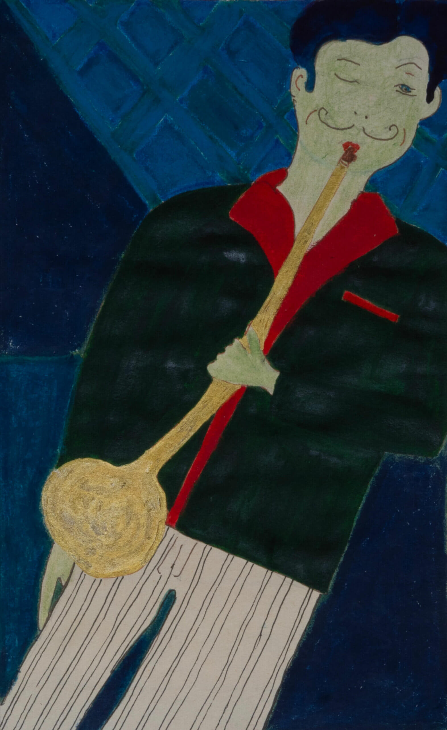 dessin d'Elisabeth Baldach Jean joue du clairon pastel à l'huile 21 x 29,7 cm