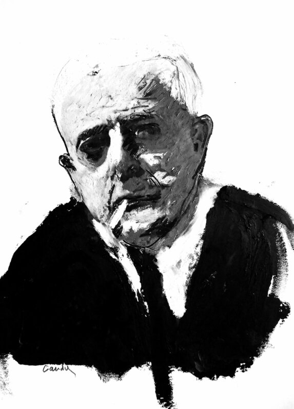 portrait au pastel gras du poète Jacques Prévert par Jacques Cauda