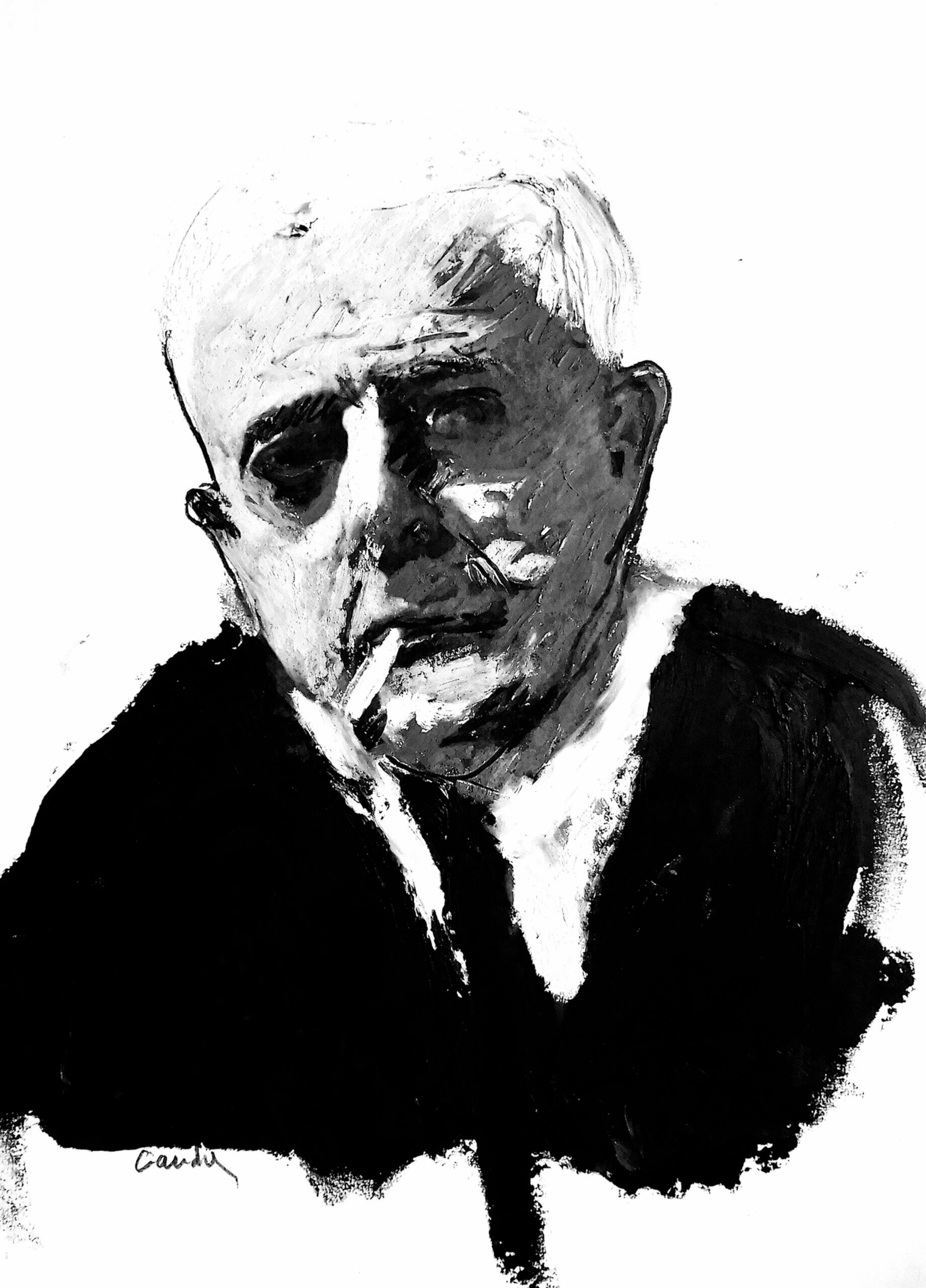 portrait au pastel gras du poète Jacques Prévert par Jacques Cauda