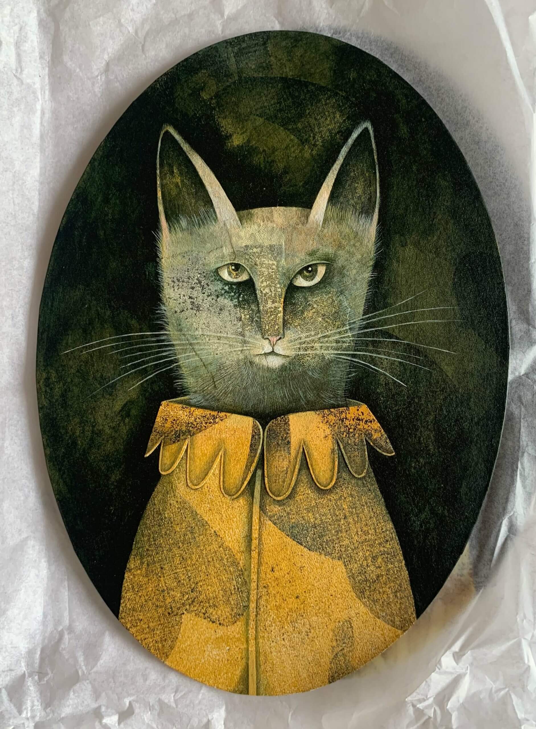 oeuvre de Vanessa Hié Portrait de chat ovale 2 14 x 20 cm Papier peint monotype réalisé par l’artiste Collage sur carton Accroche au dos