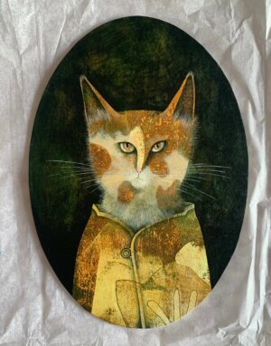 oeuvre de Vanessa Hié Portrait de chat ovale 2 14 x 20 cm Papier peint monotype réalisé par l’artiste Collage sur carton Accroche au dos