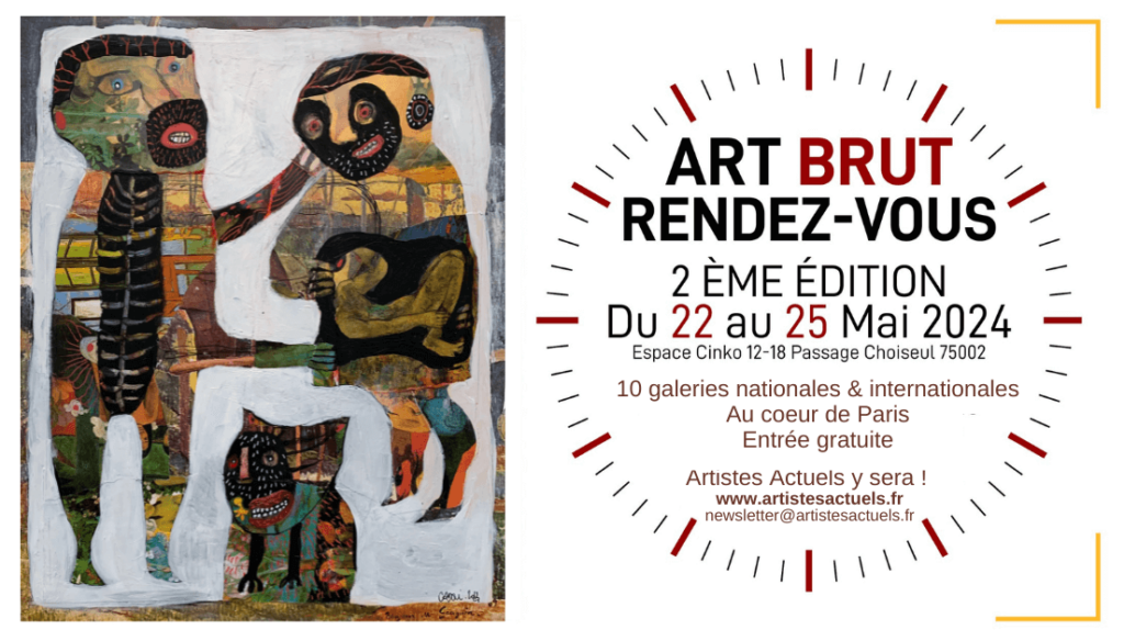 image qui représente une oeuvre de Delphine Cadoré at le logo du salon Art Brut RDV Paris avec les informations pratiques