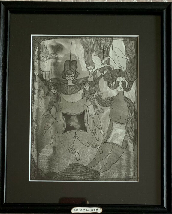 oeuvre encadrée d'Elodie Nicolas Les voltigeuses Dessin à l’encre Encadrement vintage 22 x 27 cm