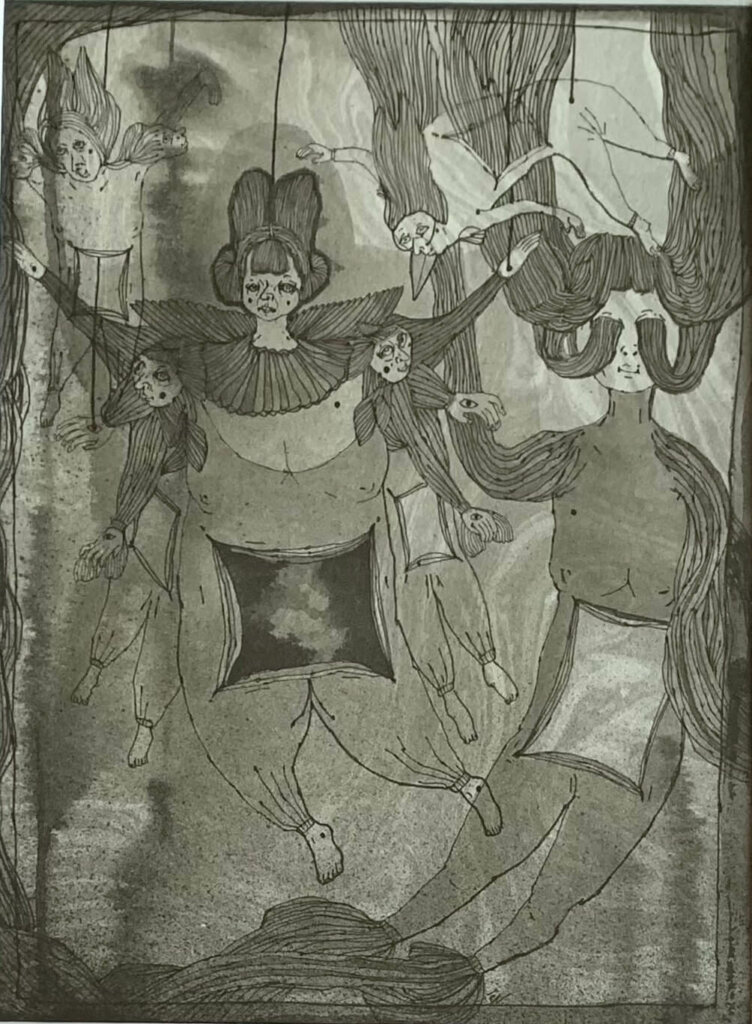 oeuvre d'Elodie Nicolas Les voltigeuses Dessin à l’encre Encadrement vintage 22 x 27 cm