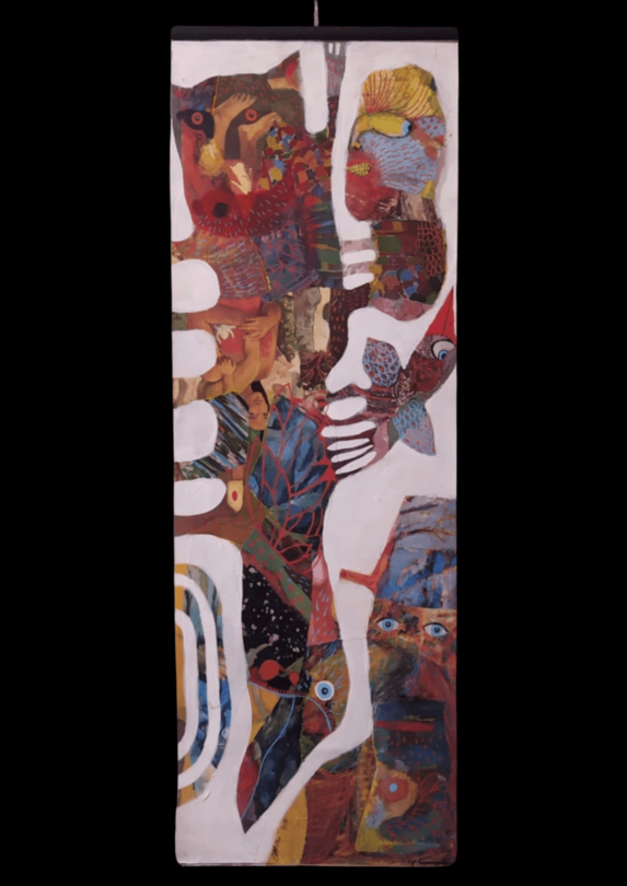 image qui représente une oeuvre de Delphine Cadoré : Technique mixte sur carton (collage et peinture) Dimensions 21 x 64 cm Kakémono entre baguettes de bois peintes en noir, prêt à suspendre