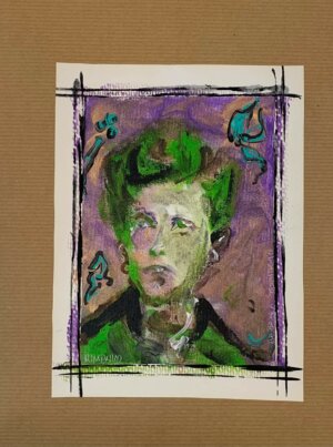 Portrait de Rimbaud sur fond parme