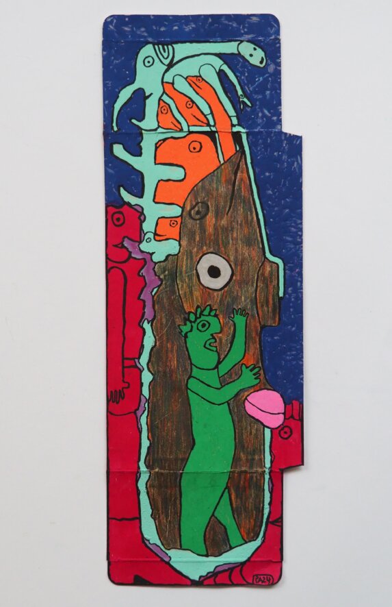 photo d"une oeuvre de fin 2024 de Pierre Albasser : Troll vert - 37x13 cm - encre, POSCA, crayon Magic, vernis à ongles - 120 euros