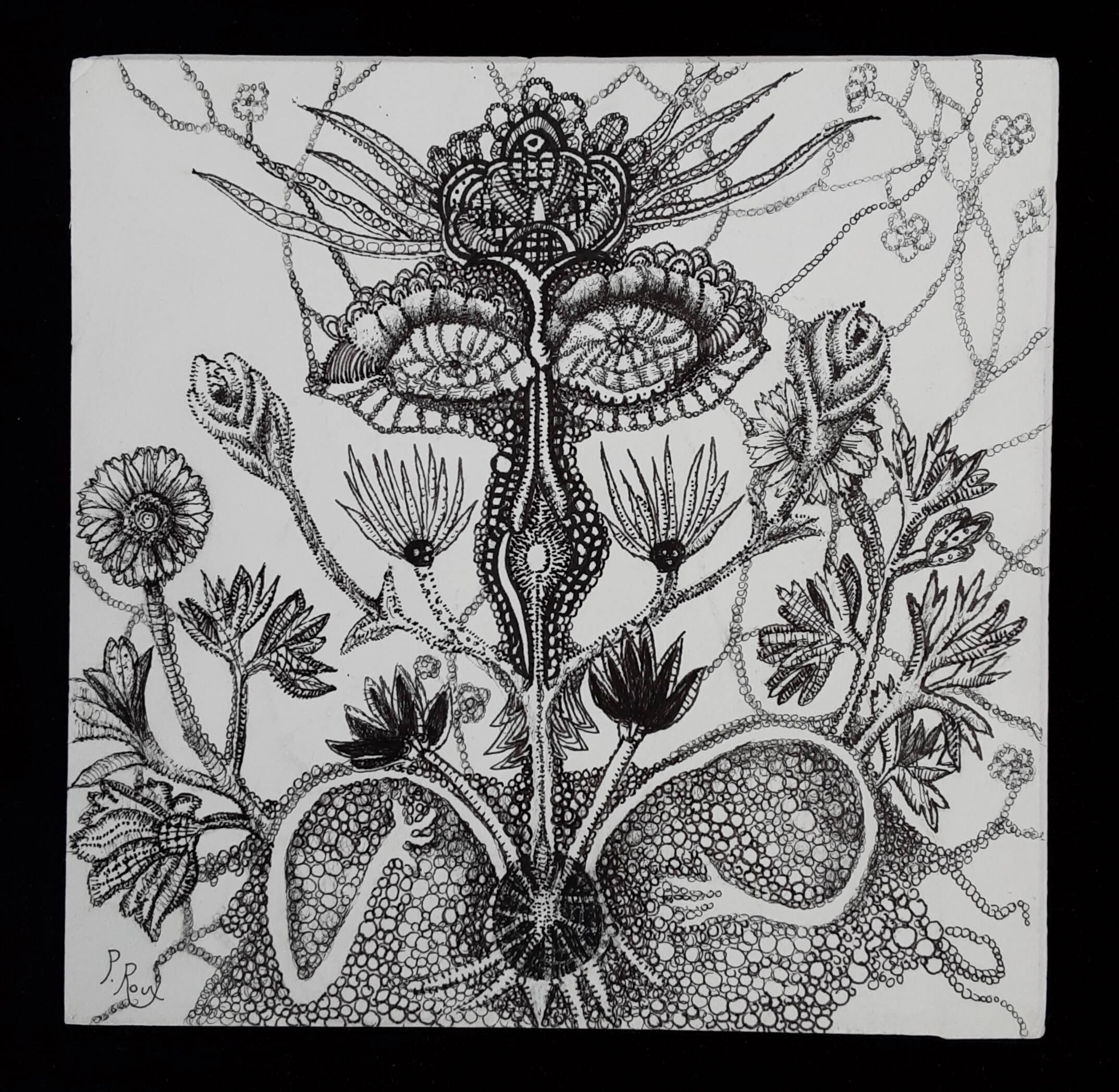 photographie d'une oeuvre de Pascale Roux : La broderie Anglaise. Encre sur carton.16 x16cm 20x20cm avec cadre noir