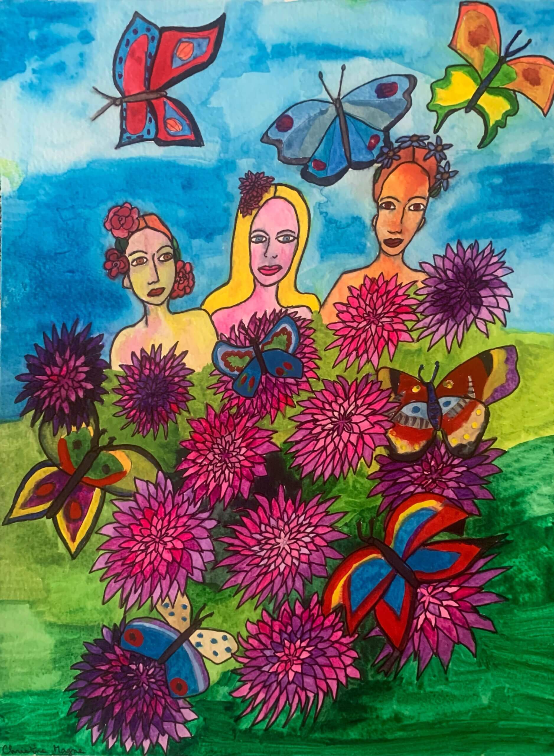 image qui représente une oeuvre colorée de Christine Magne de trois personnages derrière un parterre de fleurs avec de gros papillons