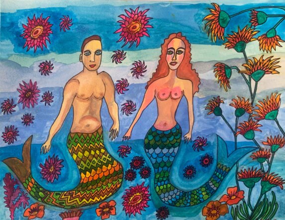 image qui représente un couple de sirènes dans des fonds marins fleuri