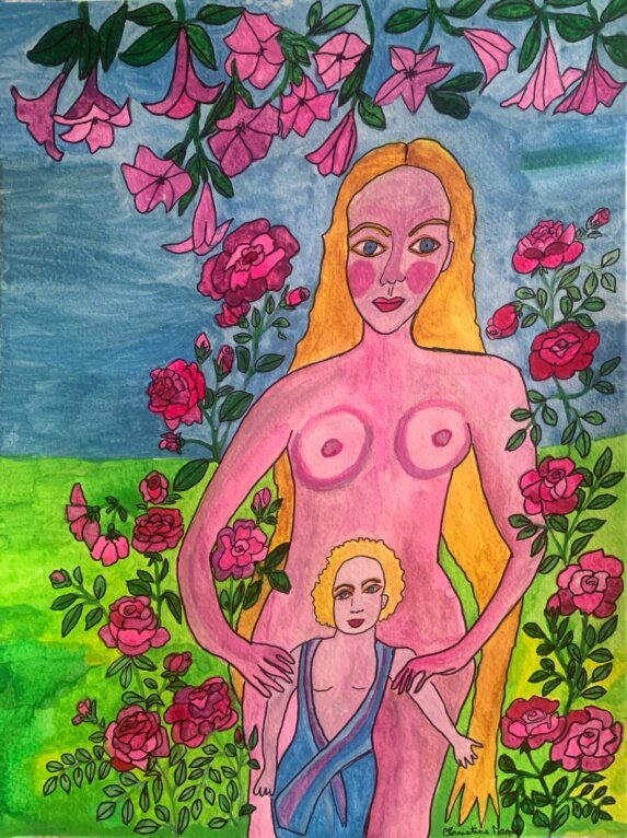 image qui représente une oeuvre de Christine Magne : « La Madone aux Roses et Daturas » Format 24 x 32cm Aquarelles Sennelier sur Canson 300g/m2