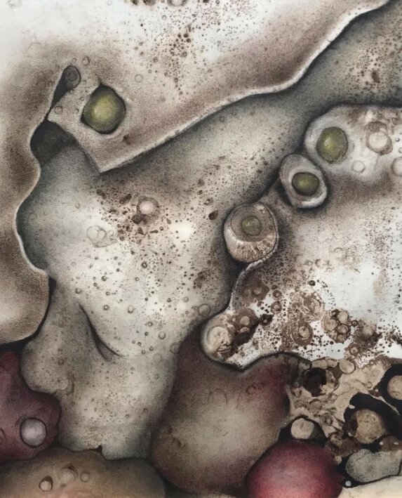 image uaqi représente un dessin d'Annie Lunardi : La chrysalide - 40x40 (encadrée) bitume de judée pastel pierre noire 380€