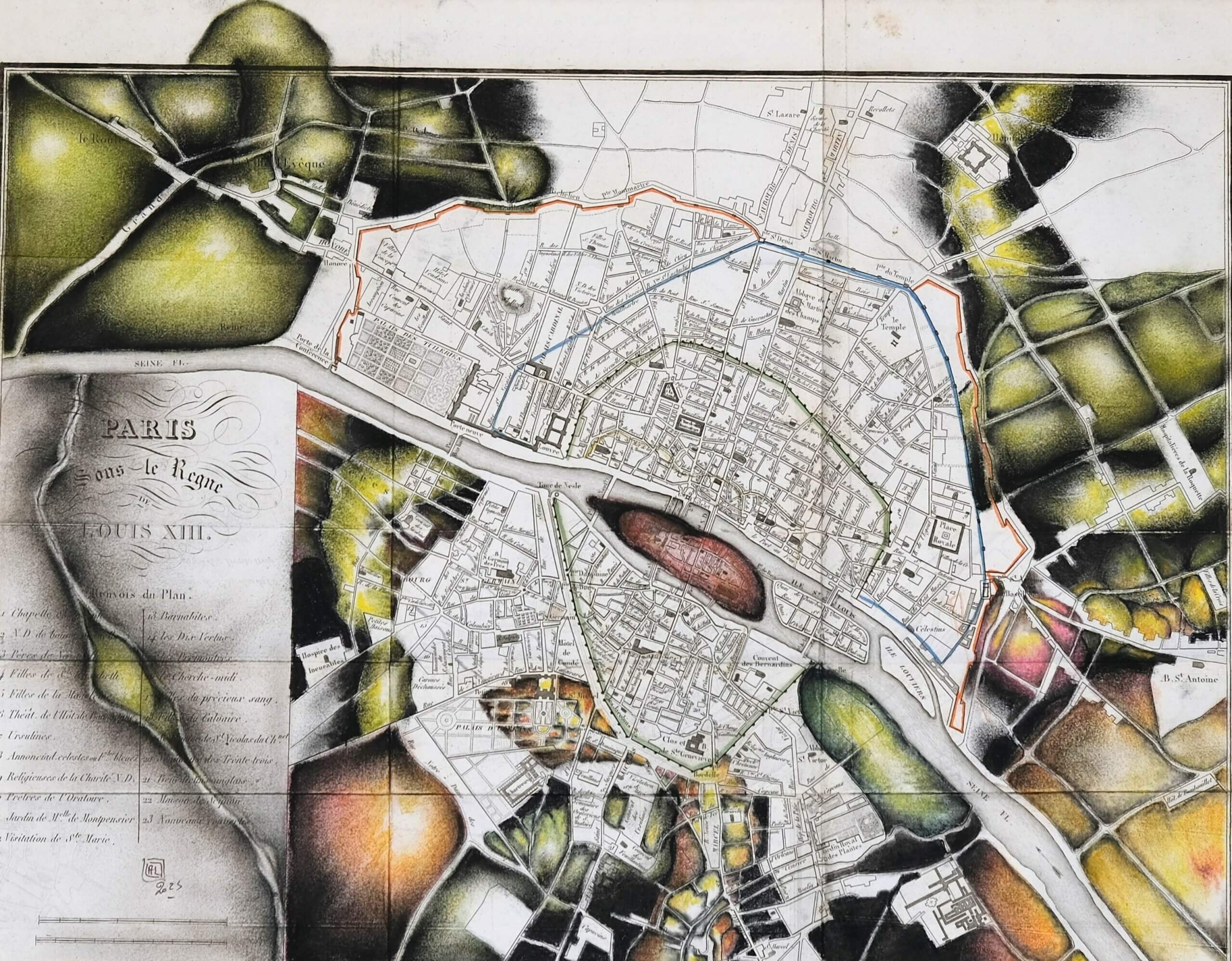 image qui représente un dessin sur carte ancienne d'Annie Lunardi : Paris Louis XIII, 31X39 (encadrée) -2023 - pastel pierre noire 310€