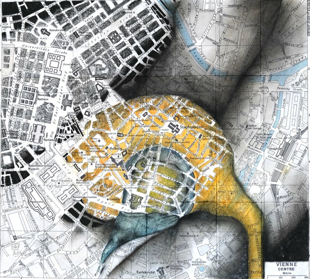 Image qui représente un dessin sur carte ancienne d'Annie Lunardi : Vienne - 30X40 (encadrée)- 2024 -Pastel Pierre noire 420€