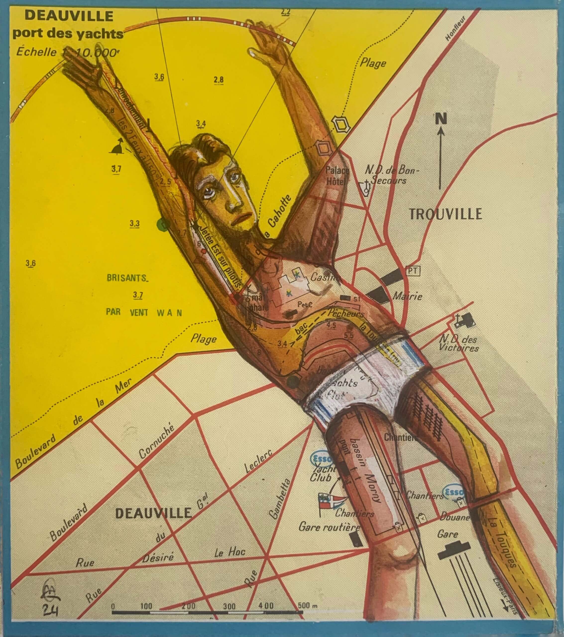 image qui représente un homme en maillot de bain les bras en l'air sur fond d'une carte de Deauville