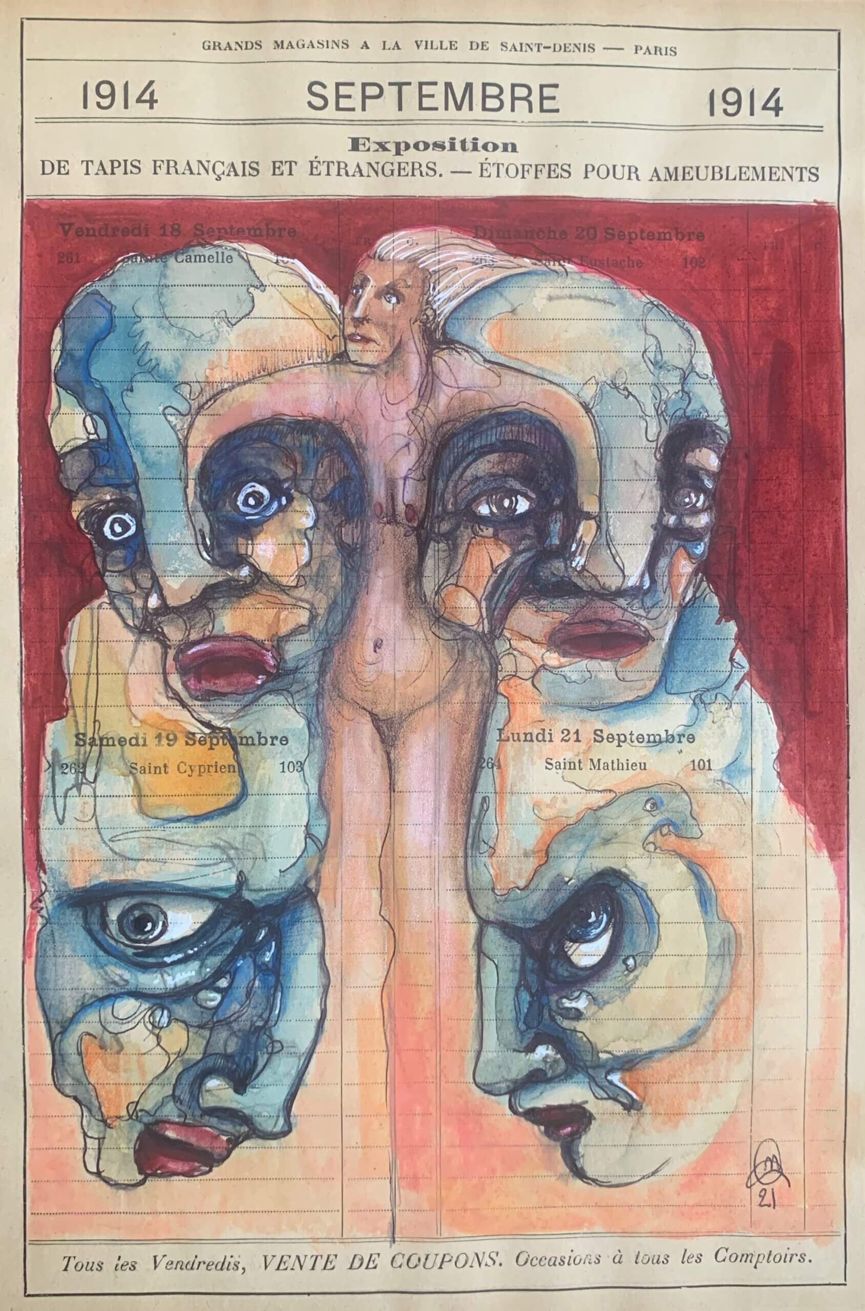 image qui représente un dessin de corps de femme entre quatre visages bleus