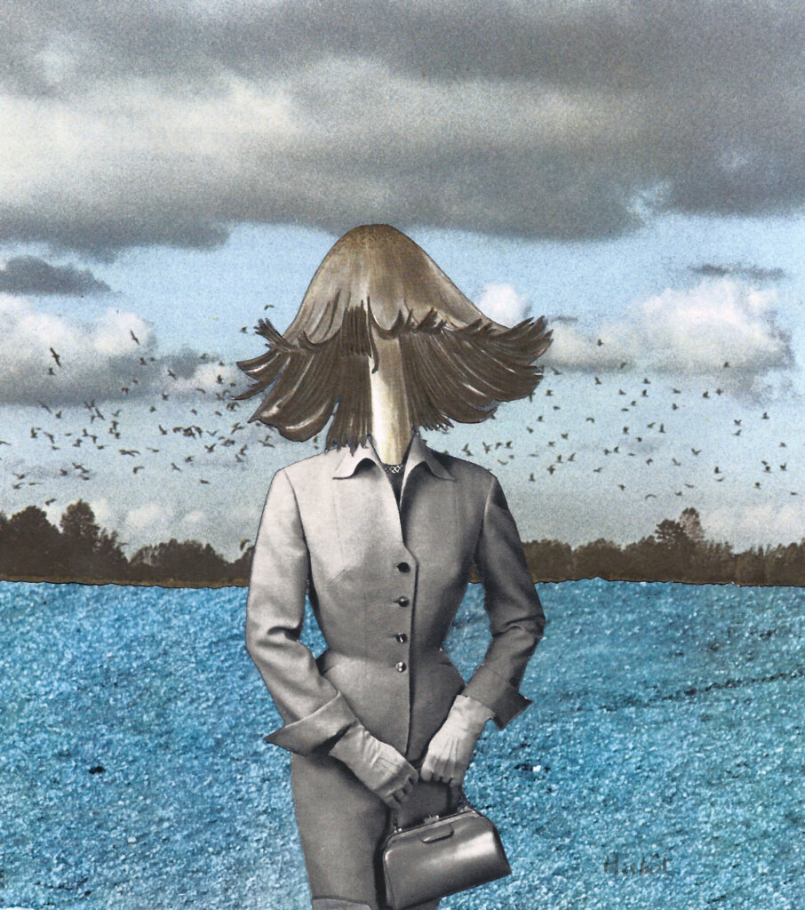 image d'un collage d'herbôt qui représente une femme à tête de champignon sur fond de mer et côte découpée avec ciel nuageux et vol d'oiseaux