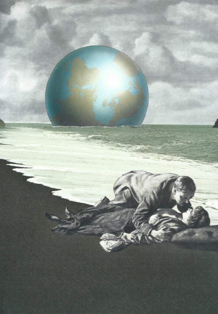 oeuvre qui représente un homme en train de faire du bouche à bouche sur une plage avec la mer qui monte et une planète terre à l'horizon