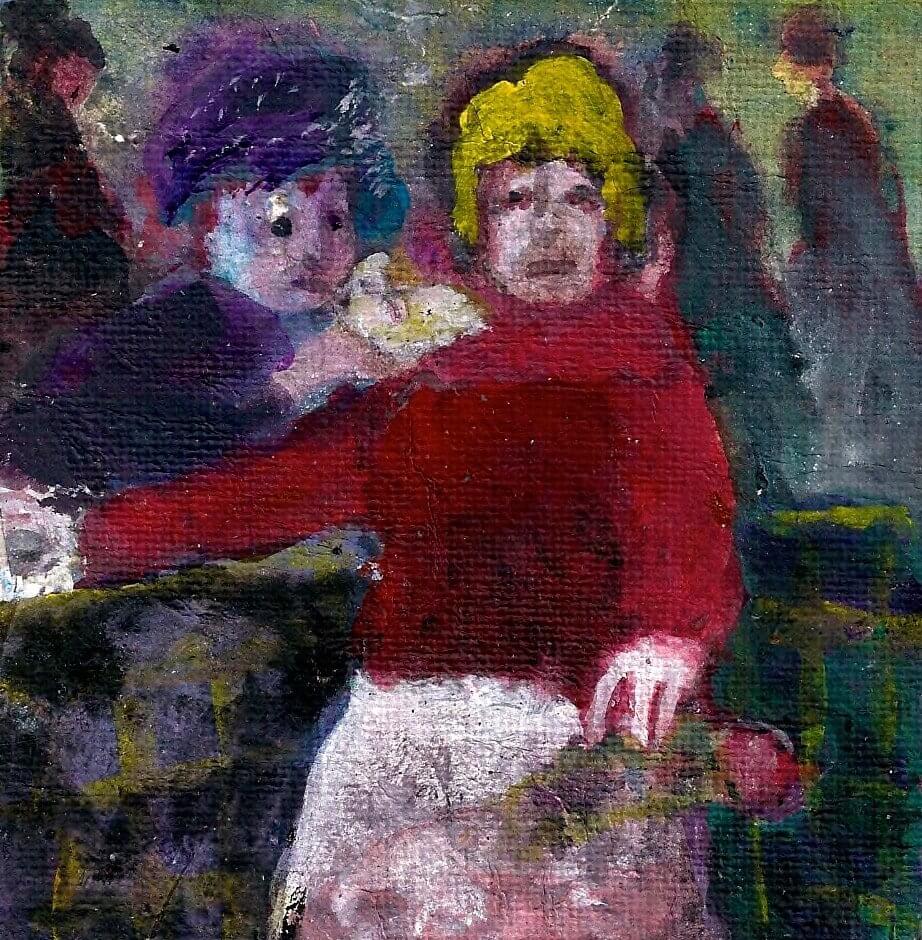 Image d'un tableau de Johanna Heeg représentant un enfant au pull rouge avec bonnet jaune qui tend un bras