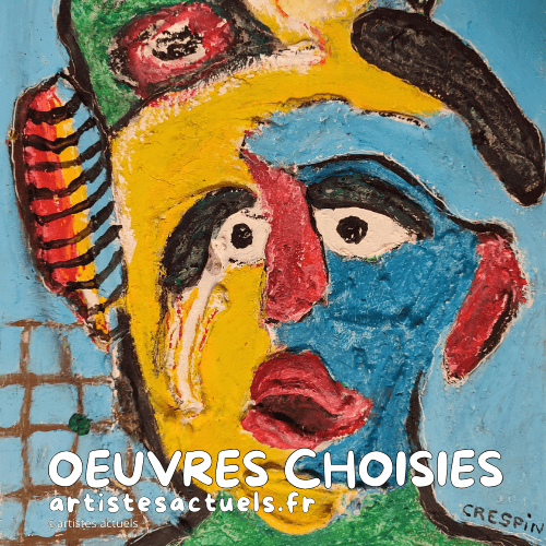 zoom sur un tableau de Joel Crespin qui représente un portrait avec un text qui dit "Oeuvres choisies" par Artistesactuels.fr