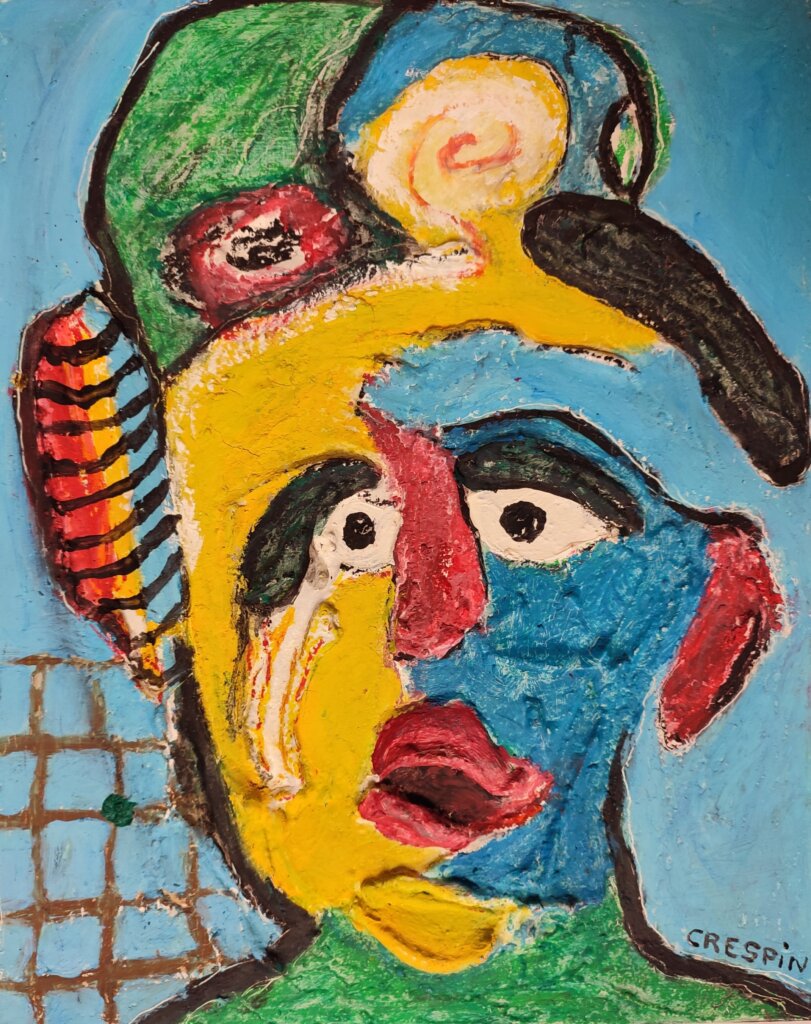 toile de Joël Crespin qui représente un portrait de style expressionniste : CARACOLE Acryliques et huiles, cire d'abeille technique mixte sur toile 41 x 33 cm