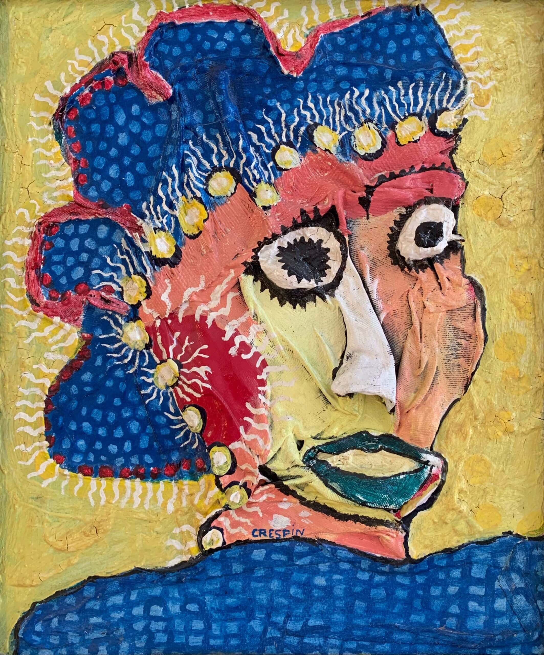 photographie d'une oeuvre de Joël Crespin : Acryliques et huiles sur tissus en relief marouflés sur toile, 55 x 46 cm