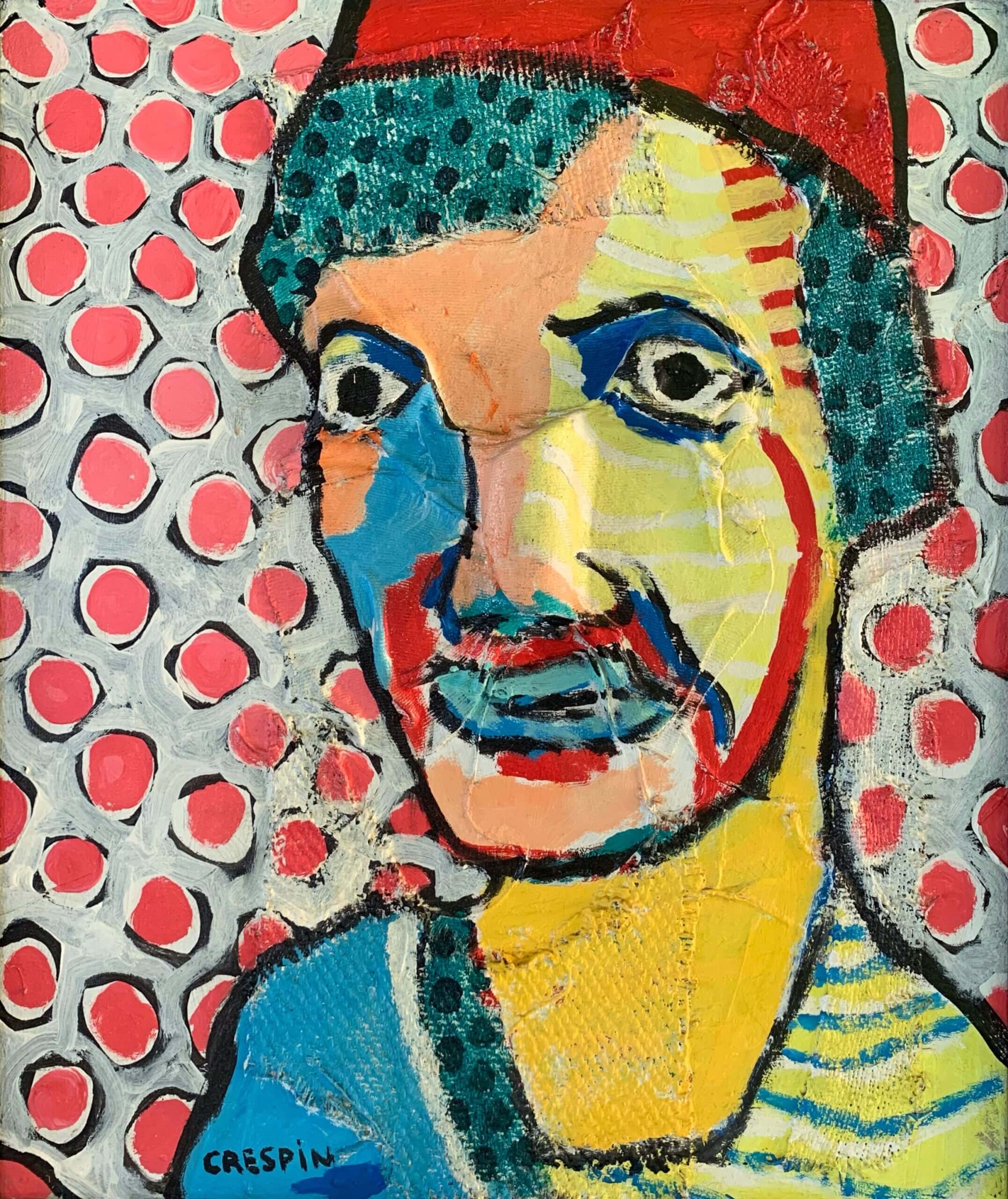oeuvre de l'artiste Joël Crespin qui représente un portrait d'homme avec un chapeau rouge et un fond à gros poids rouge : L'exotique, Acryliques et huiles sur tissus en relief marouflés sur toile Dimensions 55 x 46 cm