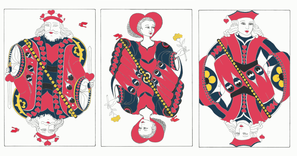 image qui représente le roi la dame et le valet de coeur dessinés par l'artiste Marie Laure Dougnac