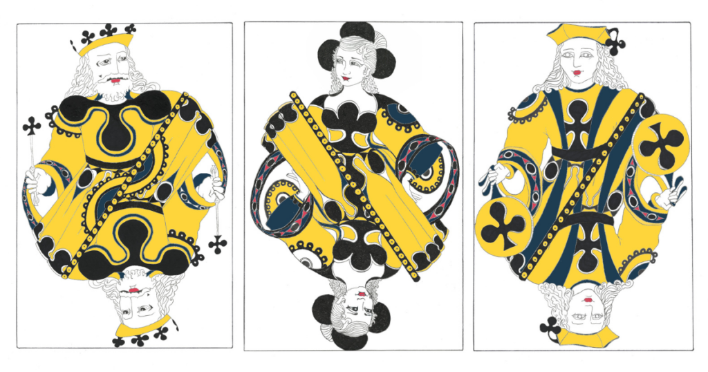 image qui représente le roi la dame et le valet de trèfle dessinés par Marie Laure Dougnac