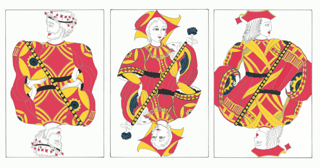 image qui représente le roi la dame et le valet de carreau dessinés par Marie Laure Dougnac