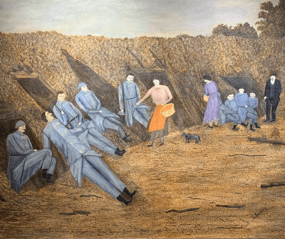 image qui représente un détail d'un tableau de Cécile Sabourdy représentant des soldats dans les tranchées pendant la guerre 14-18