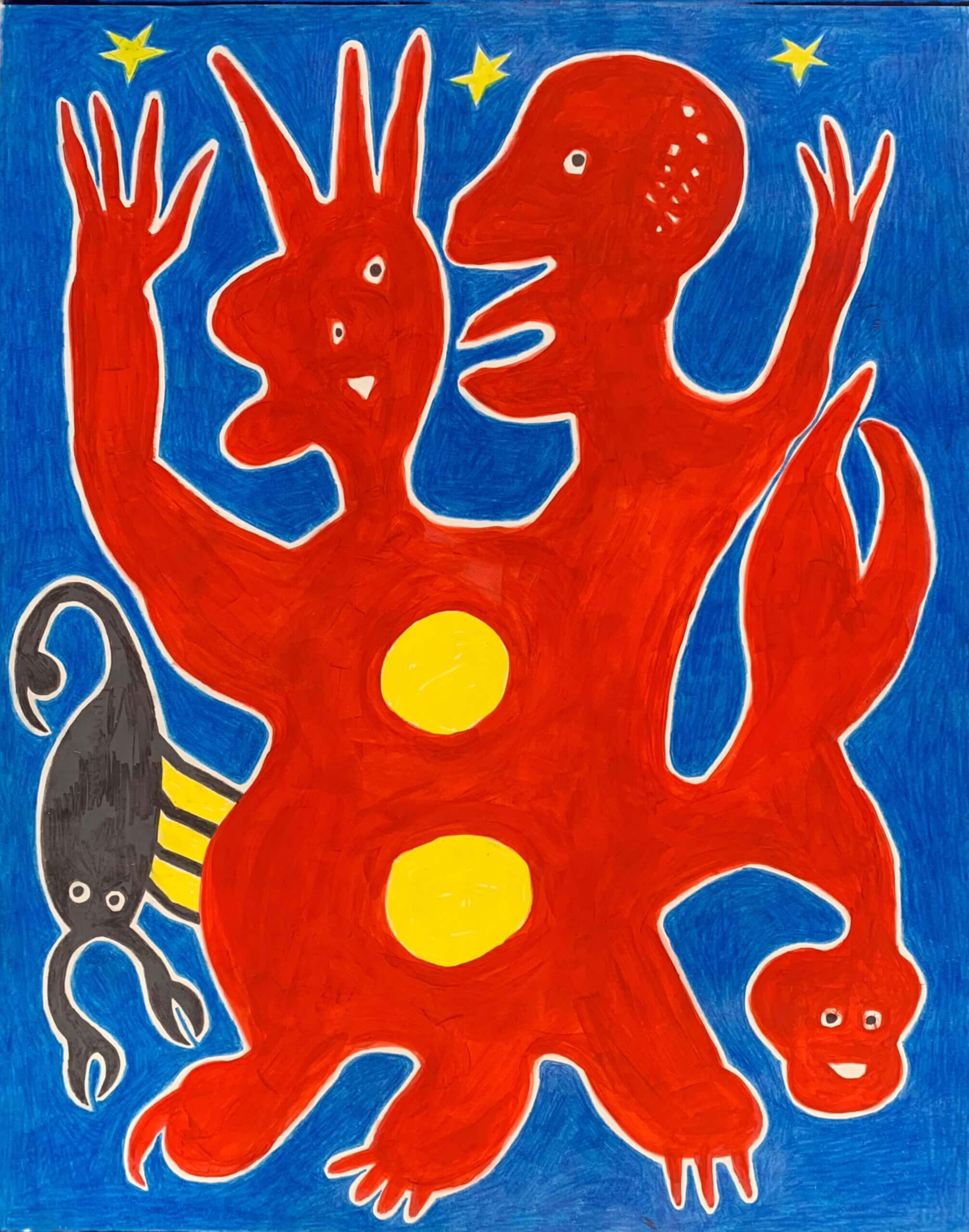 dessin de l'artiste José Guirao qui représente deux silhouettes rouges imbriquées qui dans de sur un fond bleu avec un scorpion noir sue le côté