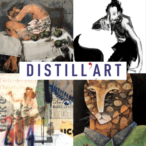 pastille carte qui reprend quatre image des oeuvres de chaque artistes de l'exposition