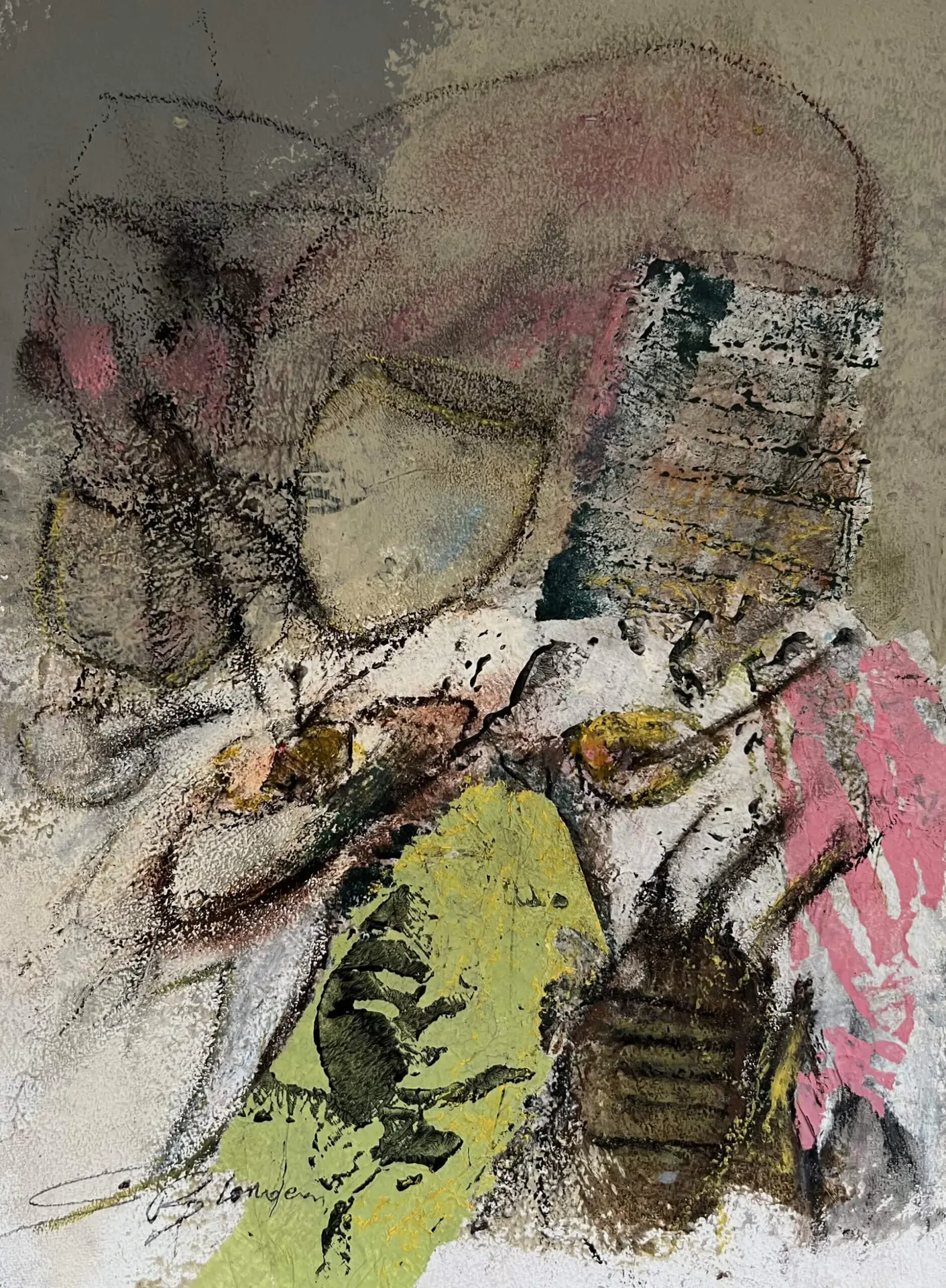 oeuvre de Sylviane Blondeau : EOLE acrylique, pastel, estampage et collage 23x18 cm)