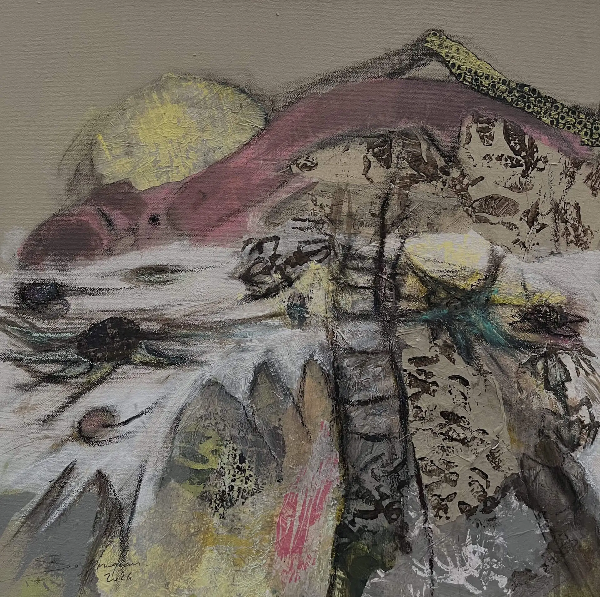 toile sur châssis ed Sylviane Blondeau : Acrylique, pastel, estampage et collage sur toile 50 x 50 cm x 2,5 cm épaisseur châssis Oeuvre de 2026