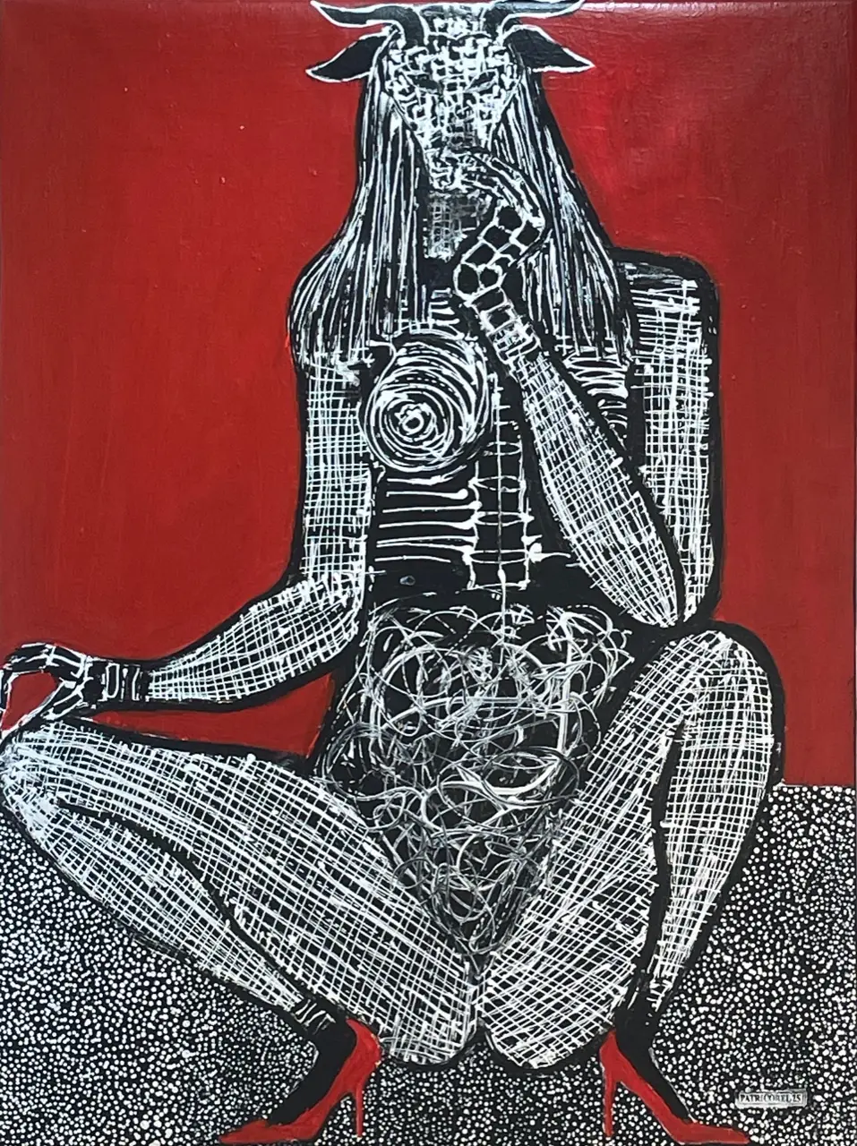 image qui représente une femme assise en tailleur peinte en noir et blanc avec un contour noir marqué sur son rouge