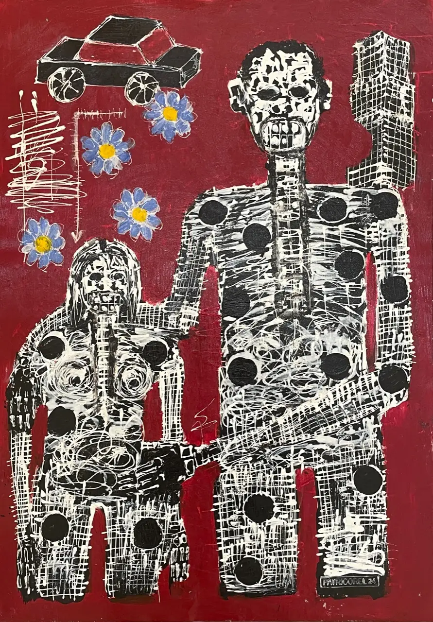 peinture qui représente un homme et un enfant côte à côte en silhouette grise percée de trous noirs sur fond rouge avec en arrière plan trois fleur bleues et un dessin naif de voiture