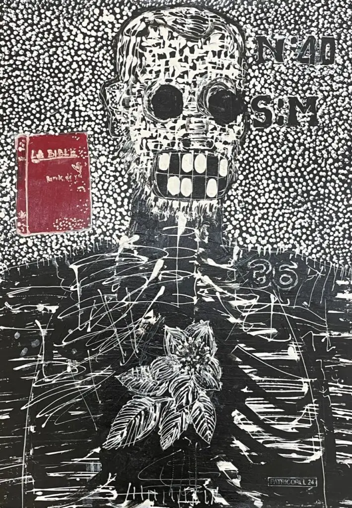 peinture qui représente un buste d'homme proche du squelette en noir et blanc sur un fond d'une multitude de point noirs avec à gauche de sa tête un rectangle rouge portant le titre Bible