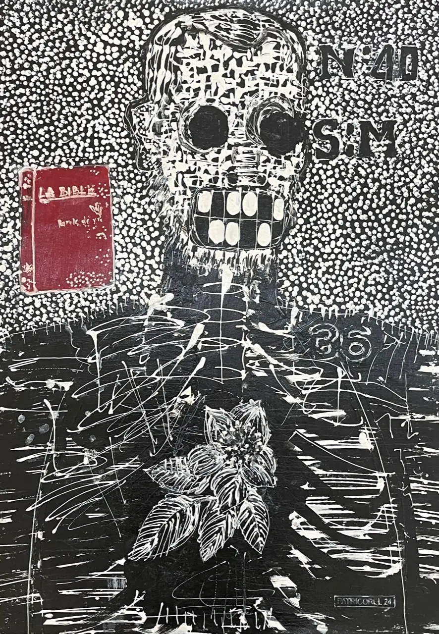 peinture qui représente un buste d'homme proche du squelette en noir et blanc sur un fond d'une multitude de point noirs avec à gauche de sa tête un rectangle rouge portant le titre Bible
