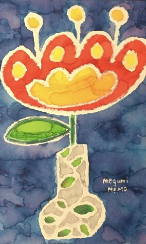 dessin encre et pastel qui représente une fleur rouge et jaune dans un petit vase mosaïque réalisé par Megumi Nemo